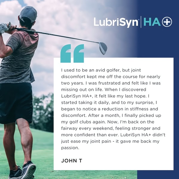 A 1:1 ratio testimonial ad featuring a golfer sharing their journey from joint discomfort to returning to the course using the product.